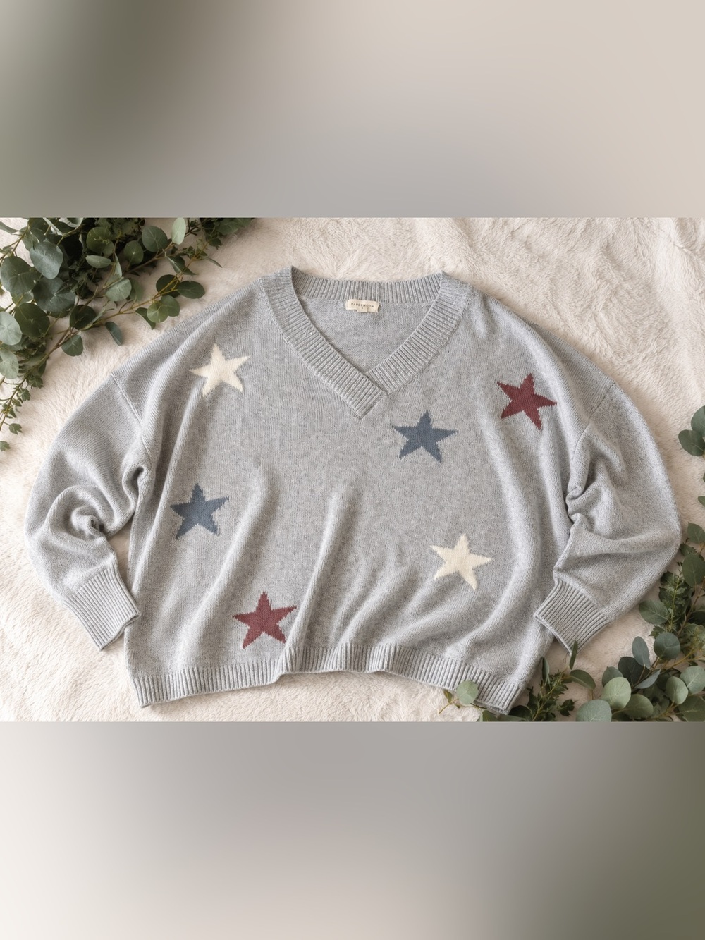 Promesa Star Print Sweater | Oversized Cozy Knit | Neutral Americana